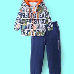 Ollington St. 100% Cotton Knit Full Sleeves Hooded Front Zipper Sweatshirt & Joggers Set With Text Print - Multicolor-image-83