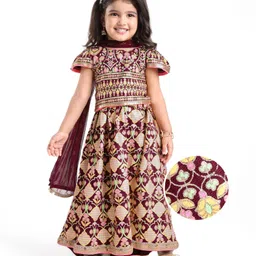 EARTHY TOUCH Knit Cap Sleeves Embroidered Choli Lehenga Set with Dupatta & Lace Detailing - Maroon-picture-16