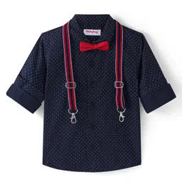 babyhug BabyhugWoven Full Sleeves Polka Dots Printed Party Shirt with Bow & Suspender - Navy Blue image 1