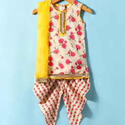 Saka Designs CottonKnit Sleeveless Floral Printed Kurta Patiala Set with Dupatta & Lace Detailing - Yellow Pink& Cream-picture-20