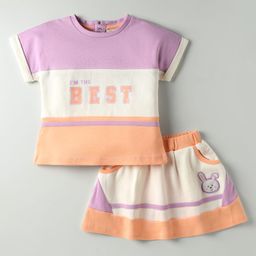 ToffyHouse Knitted Half Sleeves Cut & Sew Top & Skirt Set with Text Print & Bunny Patch Detailing - Plum-picture-11