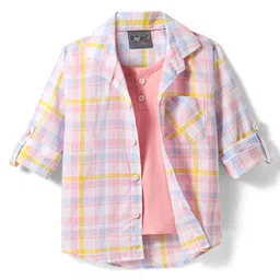 Dapper Dudes Full Sleeves Checked Shirt With Attached Tee - Pink image 1