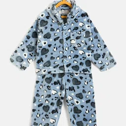 JWAAQ Cotton Knit Full Sleeves Hearts Designed & Fur Detailed Coordinating Hooded Sweater With Pant Set - Blue-picture-25
