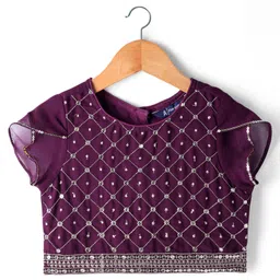 Pine Kids Woven Half Sleeves Choli Lehenga Set with Dupatta & Sequin Detailing - Wine image 2