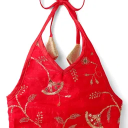 Saka Designs Satin Woven Sleeveless Halter Neck Choli & Lehenga Set with Back Tie Up & Floral Sequin Design - Red image 2