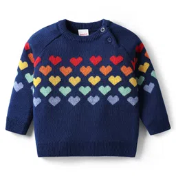 Babyhug Knitted Full Raglan Sleeves Pullover Sweater Set With Heart Design - Navy Blue image 2