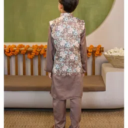 AJ Dezines Cotton Blend Woven Full Sleeves Solid Kurta Pyjama With Floral Printed Jacket Set - Brown image 3