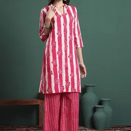 Yufta Women Striped Regular Pure Cotton Kurta with Palazzos & With Dupatta image 2