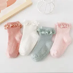 Neska Moda Pack Of 3 Frill Detailed Socks - White Peach & Pink image 3