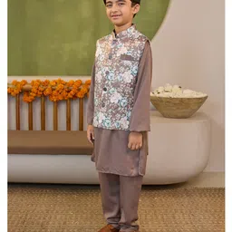 AJ Dezines Cotton Blend Woven Full Sleeves Solid Kurta Pyjama With Floral Printed Jacket Set - Brown image 4