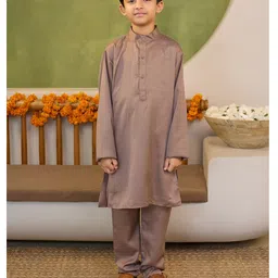 AJ Dezines Cotton Blend Woven Full Sleeves Solid Kurta Pyjama With Floral Printed Jacket Set - Brown image 5