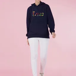 NUSYL Women Typography Printed Hood Fleece Pullover Oversized Sweatshirt image 4