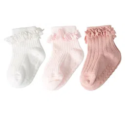 Neska Moda Pack Of 3 Frill Detailed Socks - White Peach & Pink image 5