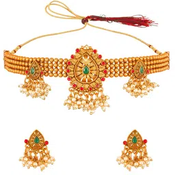 aadita Gold-Plated Red & Green Stone-Studded & Beaded Jewellery Set image 2