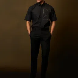 HE SPOKE Black Tailored Fit Embroidered Shirt image 4