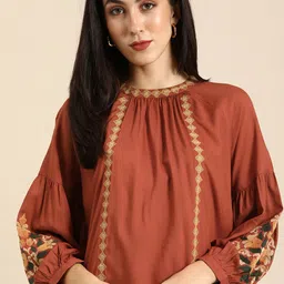 routes by all about you all about you Brown & Green Floral Embroidered Boxy Top-picture-15