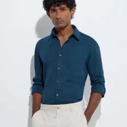 WES Formals by Westside Teal Solid Slim-Fit Cotton-Blend Shirt-image-15