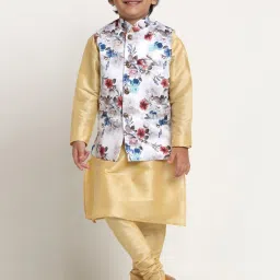 Benstoke Kids Gold & White Floral Print Full Sleeves Kurta Set image 1