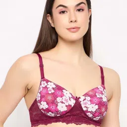 Clovia Maroon Floral Print Full Coverage T-Shirt Bra image 1