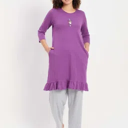 Clovia Purple & Grey Cotton Printed Sleep Tees Pyjamas Set image 1