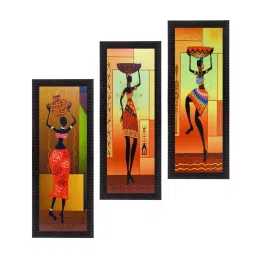 eCraftIndia Set of 3 Tribal Lady Satin Matt Texture UV Art Painting image 1