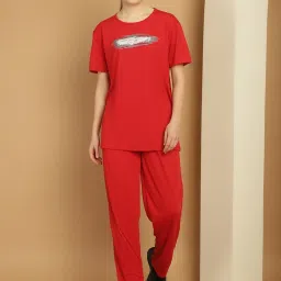 Vimal Jonney Red Cotton Printed T-Shirt & Track Pants Set image 1