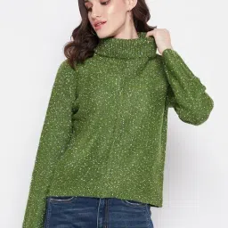 MADAME Green Cotton Regular Fit Sweater-image-11