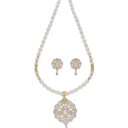 Sri Jagdamba Pearls Cherry Peach, Green & White Pearl CZ Necklace Set-picture-46