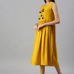 showoffff SHOWOFF Yellow & Navy Cotton Printed Calf Length Anarkali Kurta image 3