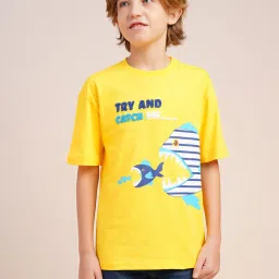 Jack & Jones Junior Boys Yellow Printed Cotton T-shirt image 1