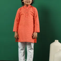 READIPRINT FASHIONS Kids Coral & White Embroidered Full Sleeves Kurta with Pyjamas image 1
