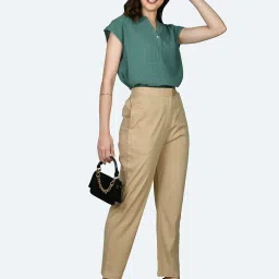 Zink London Beige Regular Fit High Rise Trousers image 4