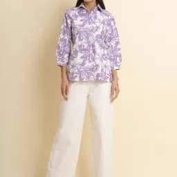 Fablestreet White & lavender Cotton Printed Shirt image 4