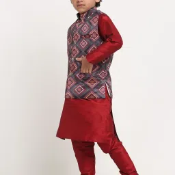Benstoke Kids Maroon & Charcoal Grey Printed Full Sleeves Kurta Set image 3
