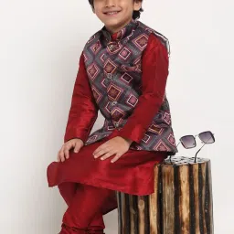 Benstoke Kids Maroon & Charcoal Grey Printed Full Sleeves Kurta Set image 4