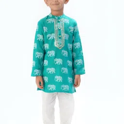 Lil Drama Kids Turquoise & White Printed Full Sleeves Kurta with Pants image 4