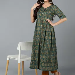 Vaamsi Teal Green Cotton Paisley Print A Line Kurta image 4