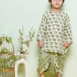 AJ Dezines Kids Green & White Printed Full Sleeves Kurta with Dhoti image 1