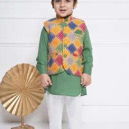 AJ Dezines Kids Multicolor Printed Full Sleeves Kurta, Pyjamas with Waistcoat image 1