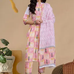 Indo Era Women Printed Regular Pure Cotton Kurta with Trousers & With Dupatta image 5