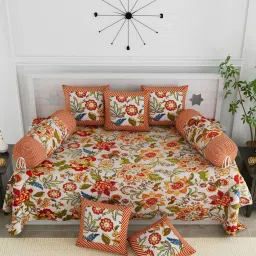 Living Roots Multicolor Jaipuri Printed Cotton Diwan Set Of 8 Pieces image 1