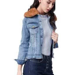 StyleStone Blue Denim Jacket With Detachable Fur Collar image 3