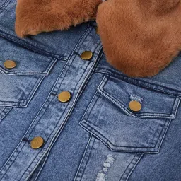 StyleStone Blue Denim Jacket With Detachable Fur Collar image 5