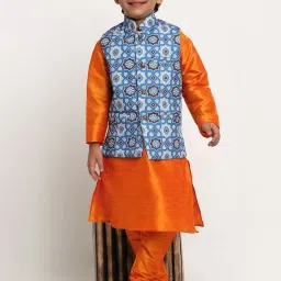 Benstoke Kids Mustard Yellow & Indigo Blue Printed Full Sleeves Kurta Set image 4