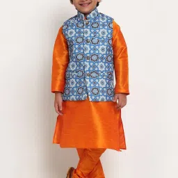 Benstoke Kids Mustard Yellow & Indigo Blue Printed Full Sleeves Kurta Set image 1