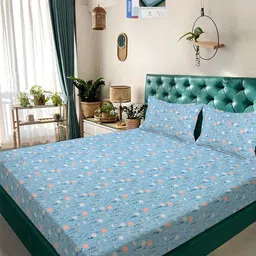 KLOTTHE Blue Floral 300 TC King Bedsheet with 2 Pillow Covers-picture-31