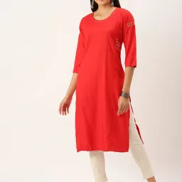 showoffff SHOWOFF Red Cotton Calf Length Straight Kurta image 1