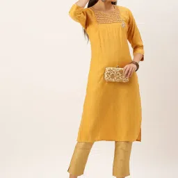 showoffff SHOWOFF Mustard Cotton Embellished Calf Length Straight Kurta image 4