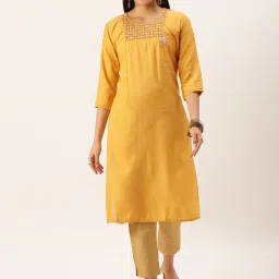showoffff SHOWOFF Mustard Cotton Embellished Calf Length Straight Kurta image 1