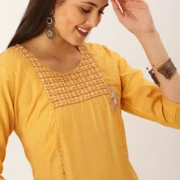 showoffff SHOWOFF Mustard Cotton Embellished Calf Length Straight Kurta image 5